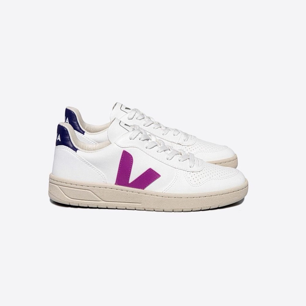 Veja Women's White Sneakers with Purple 'V' and Navy Heel